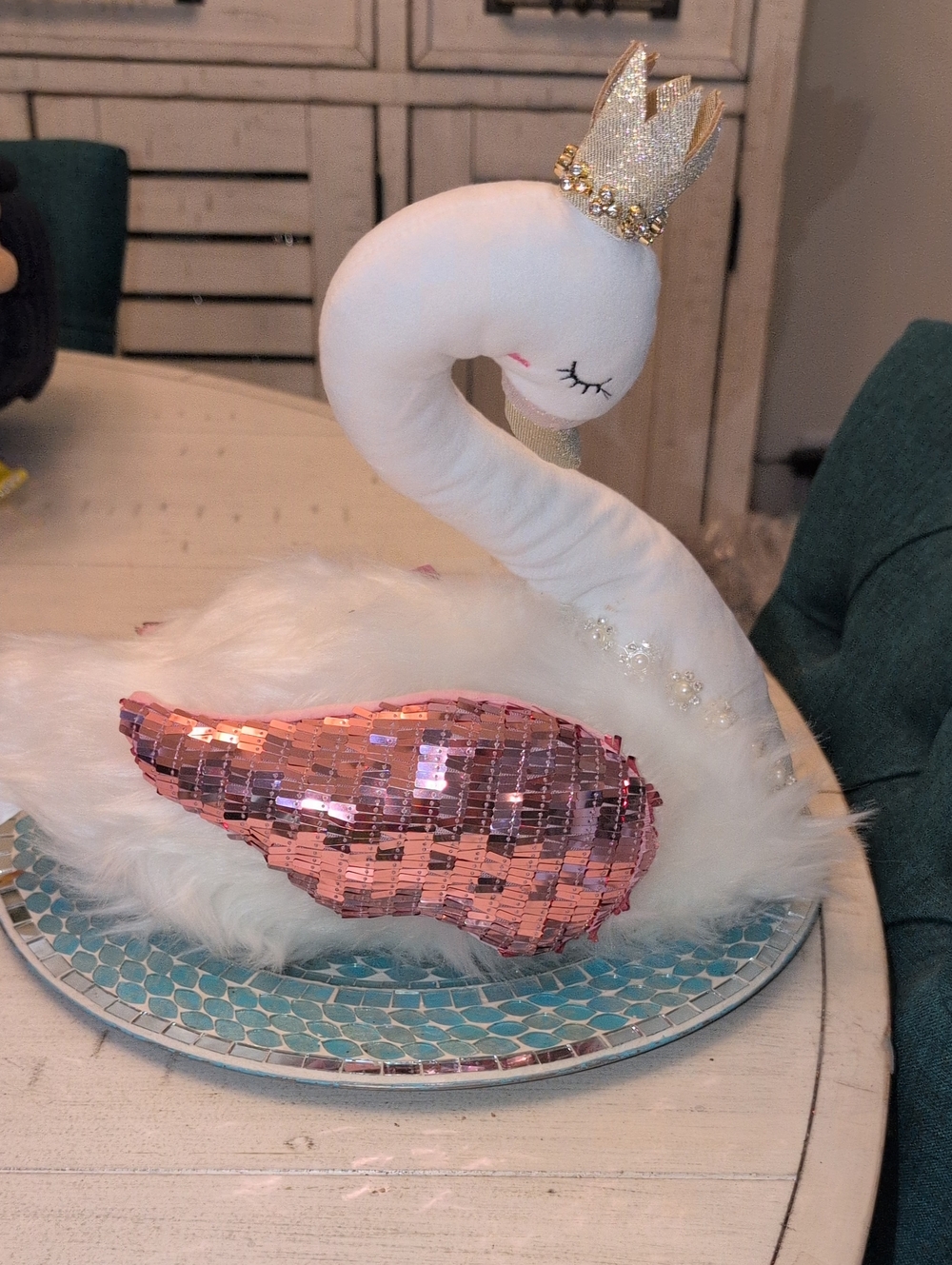 White Plush Swan with Pink Sequin Wing and Gold Crown